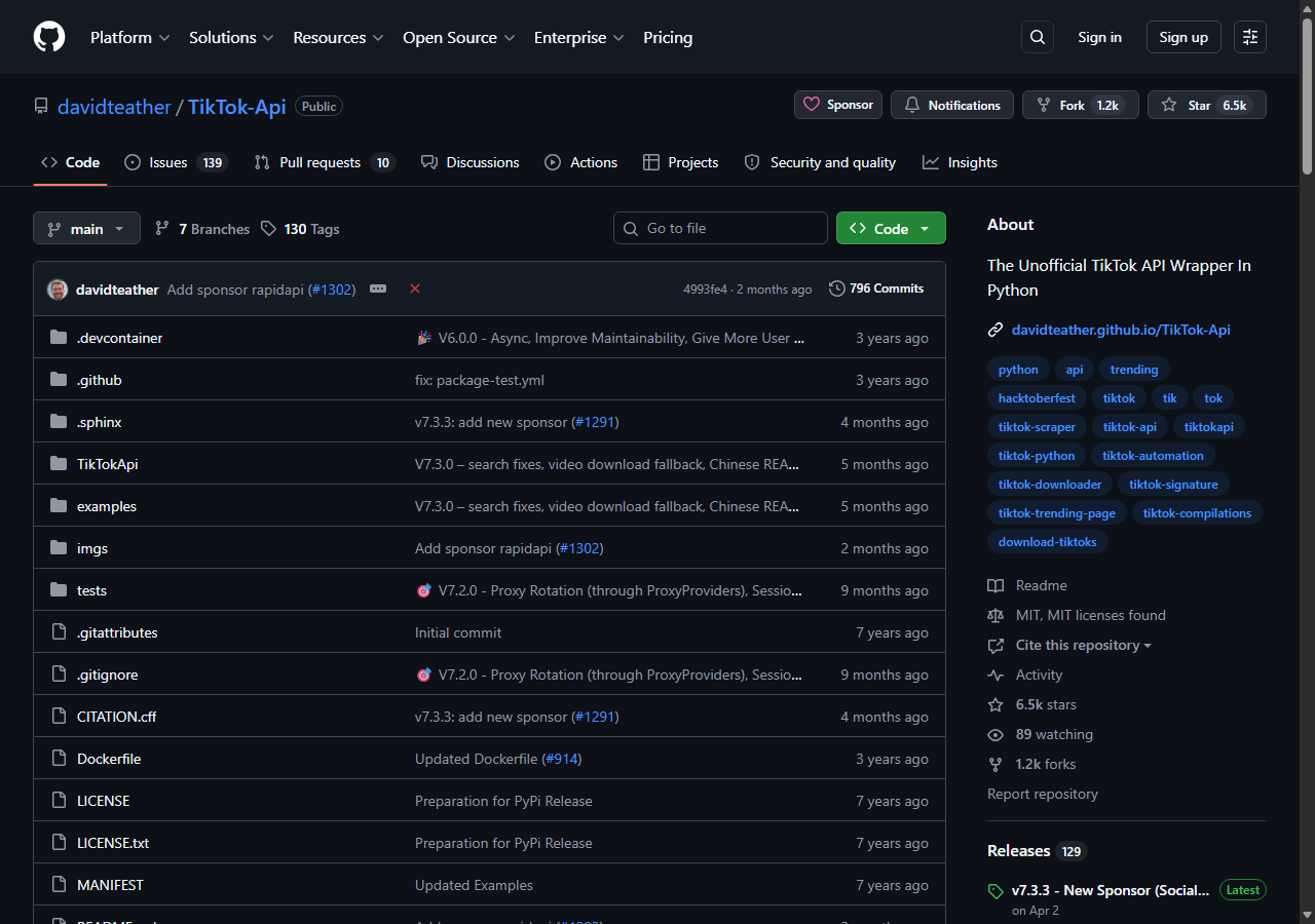 The open-source TikTokApi Python library on GitHub